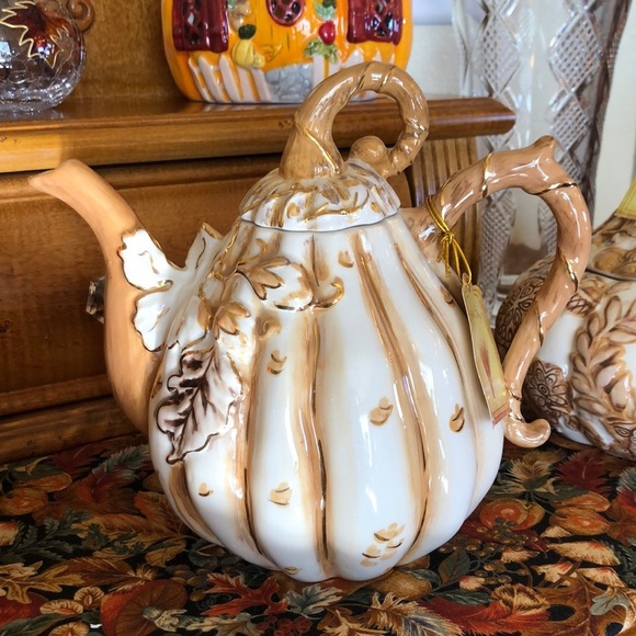 Blue Sky Other - Heather Goldminc Blue Sky Harvest Pumpkin Gourd Teapot Ivory and Gold
